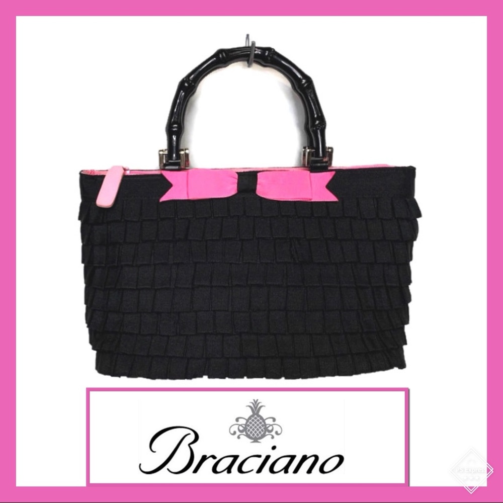 Braciano Blk Ruffle Bag Pink Bow & Bamboo Handles
